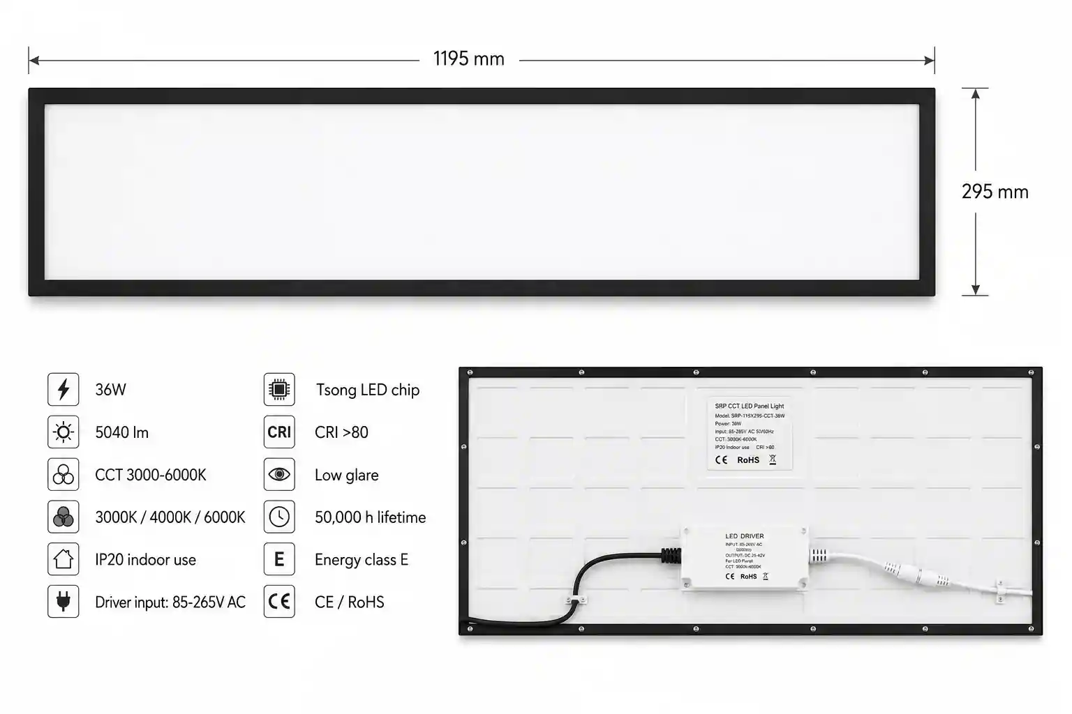 Certifikace LED panelu SRP 36W 120x30cm — IP20, energetická třída E, CE, RoHS